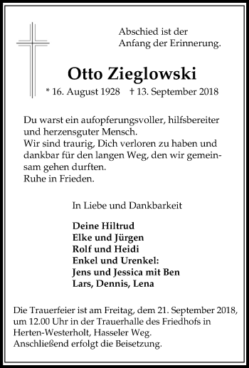 Traueranzeige von Otto Zieglowski von Tageszeitung