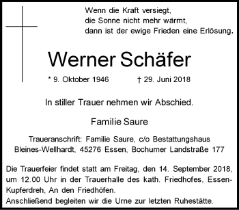 Traueranzeige von Werner Schäfer von Tageszeitung