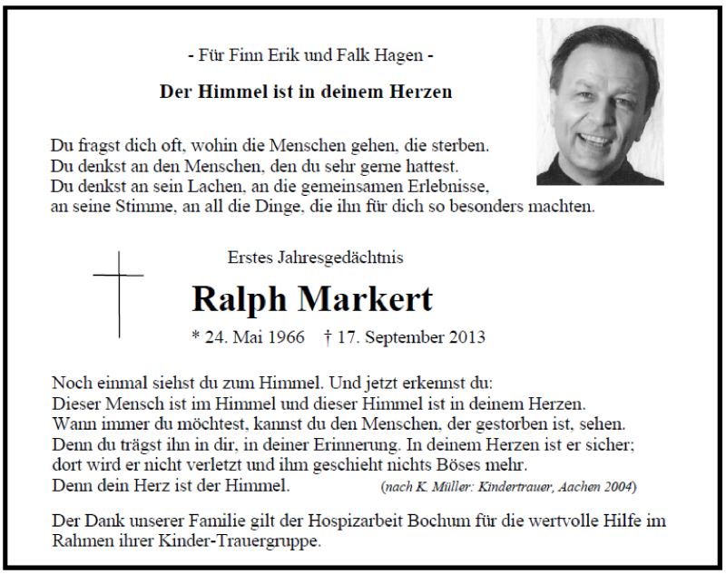  Traueranzeige für Ralph Markert vom 17.09.2014 aus Tageszeitung