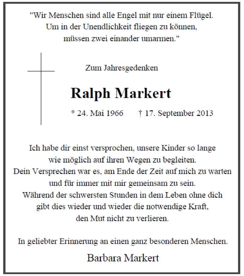  Traueranzeige für Ralph Markert vom 17.09.2016 aus Tageszeitung
