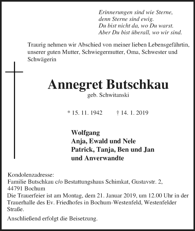  Traueranzeige für Annegret Butschkau vom 16.01.2019 aus Tageszeitung