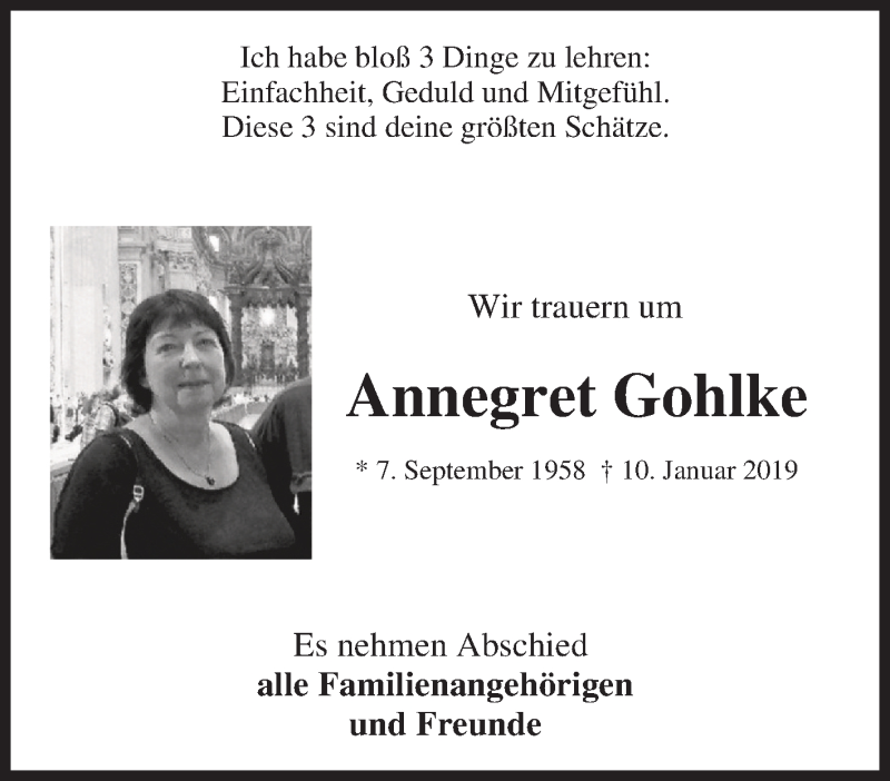  Traueranzeige für Annegret Gohlke vom 23.01.2019 aus Tageszeitung