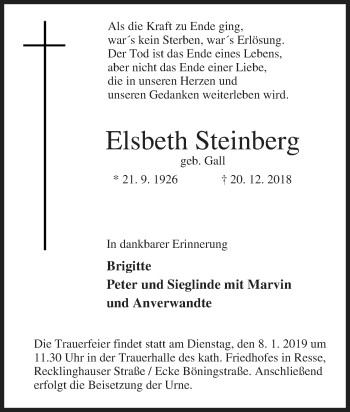 Traueranzeige von Elsbeth Steinberg von Tageszeitung