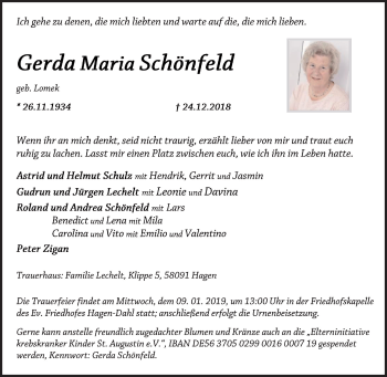 Traueranzeige von Gerda Maria Schönfeld von Tageszeitung