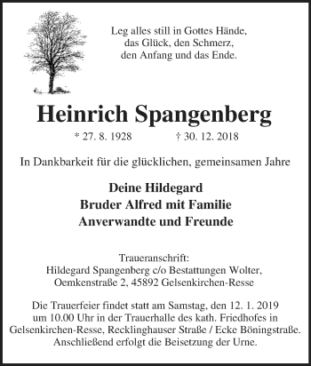 Traueranzeige von Heinrich Spangenberg von Tageszeitung