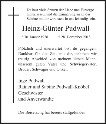 Traueranzeige von Heinz-Günter Pudwall von Tageszeitung