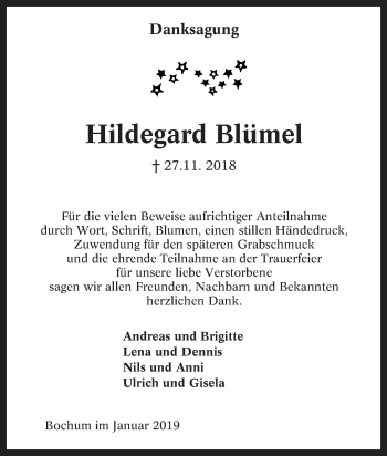 Traueranzeige von Hildegard Blümel von Tageszeitung
