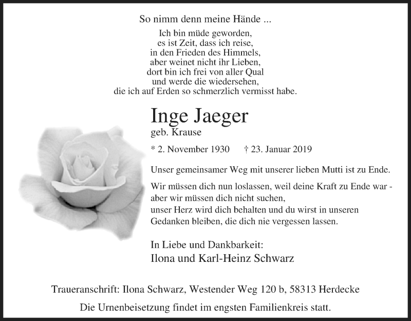  Traueranzeige für Inge Jaeger vom 26.01.2019 aus Tageszeitung