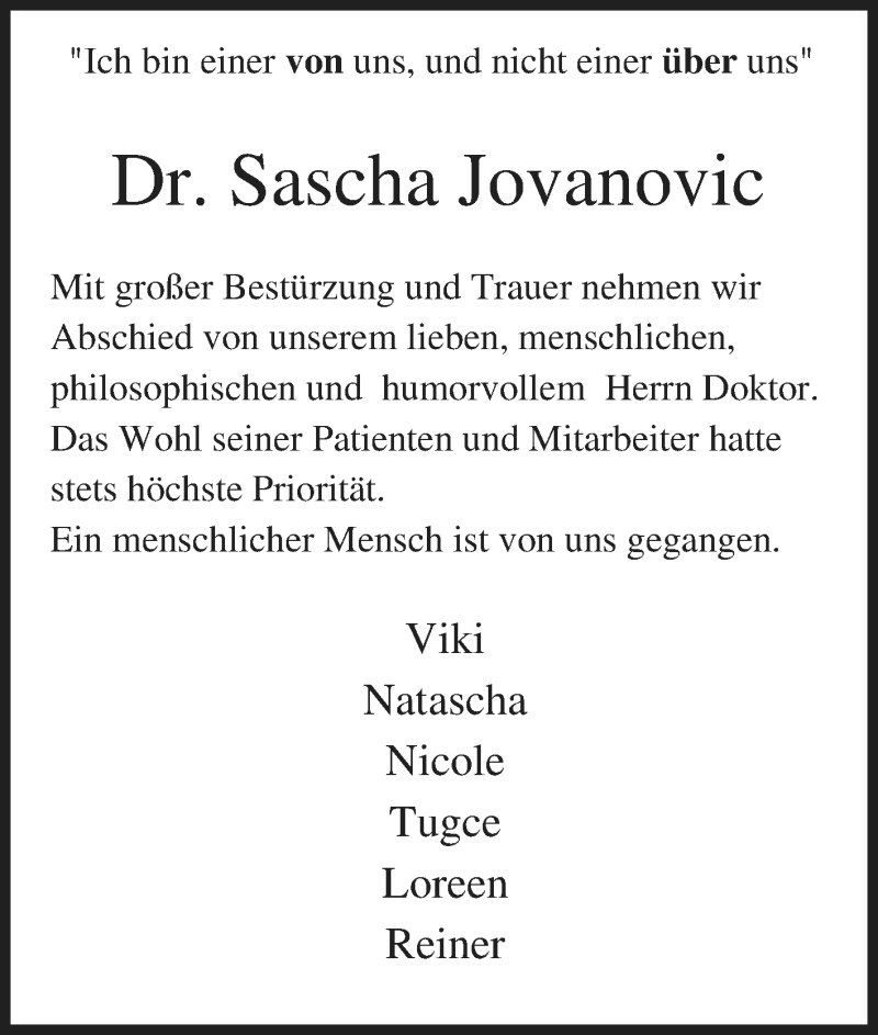  Traueranzeige für Sascha Jovanovic vom 12.01.2019 aus Tageszeitung