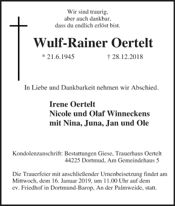 Traueranzeige von Wulf-Rainer Oertelt von Tageszeitung