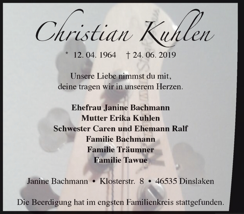  Traueranzeige für Christian Kuhlen vom 30.10.2019 aus Tageszeitung