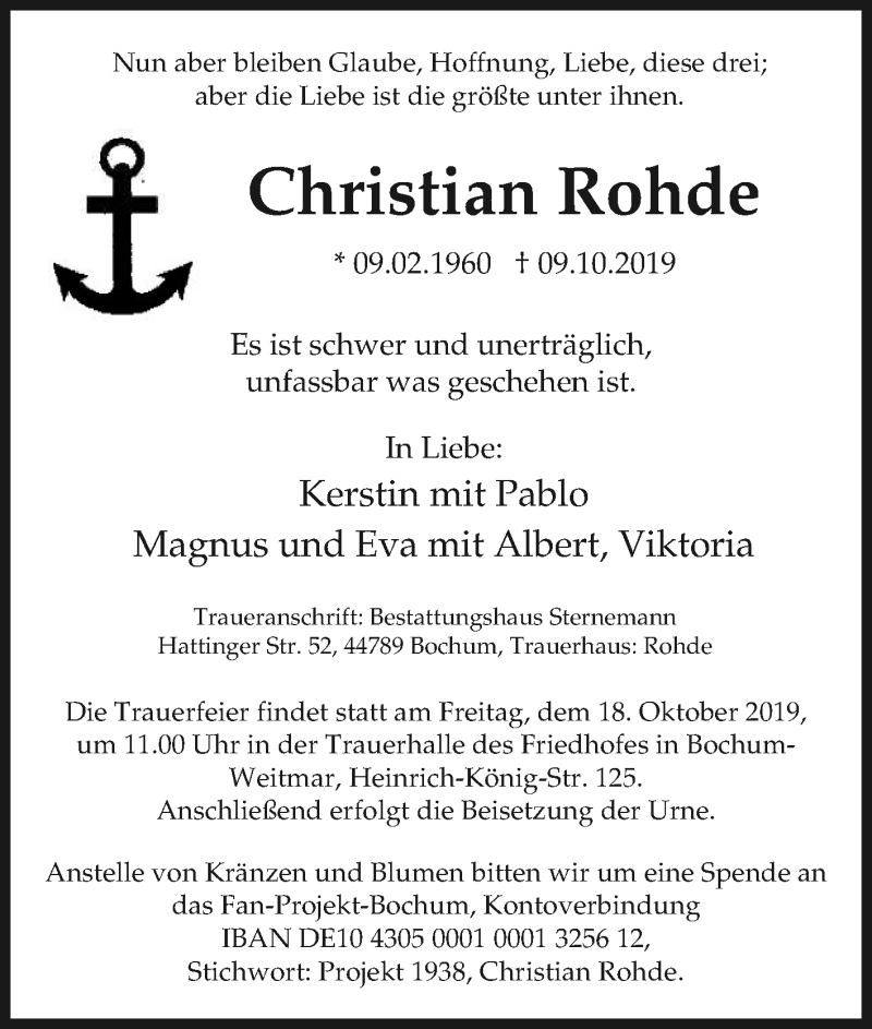 Traueranzeige für Christian Rohde vom 12.10.2019 aus Tageszeitung