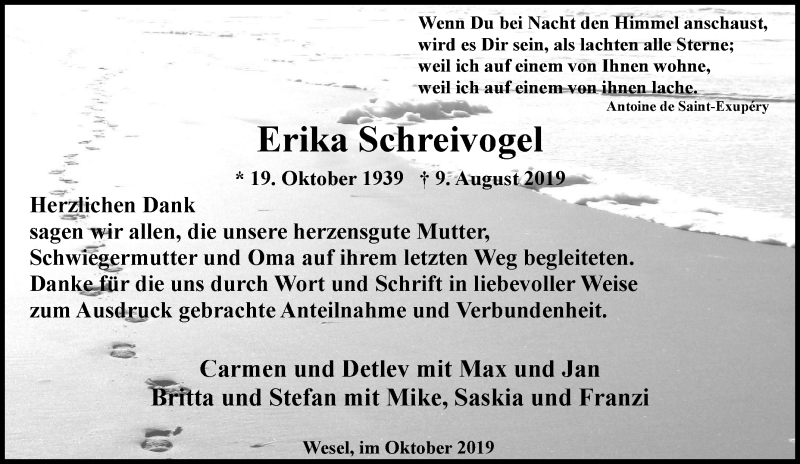  Traueranzeige für Erika Schreivogel vom 19.10.2019 aus Tageszeitung