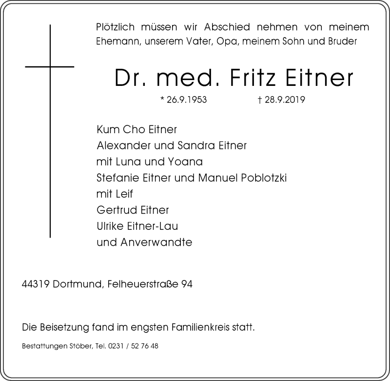  Traueranzeige für Fritz Eitner vom 19.10.2019 aus Tageszeitung