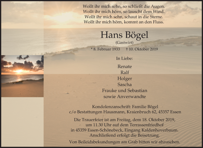  Traueranzeige für Hans Bögel vom 16.10.2019 aus Tageszeitung