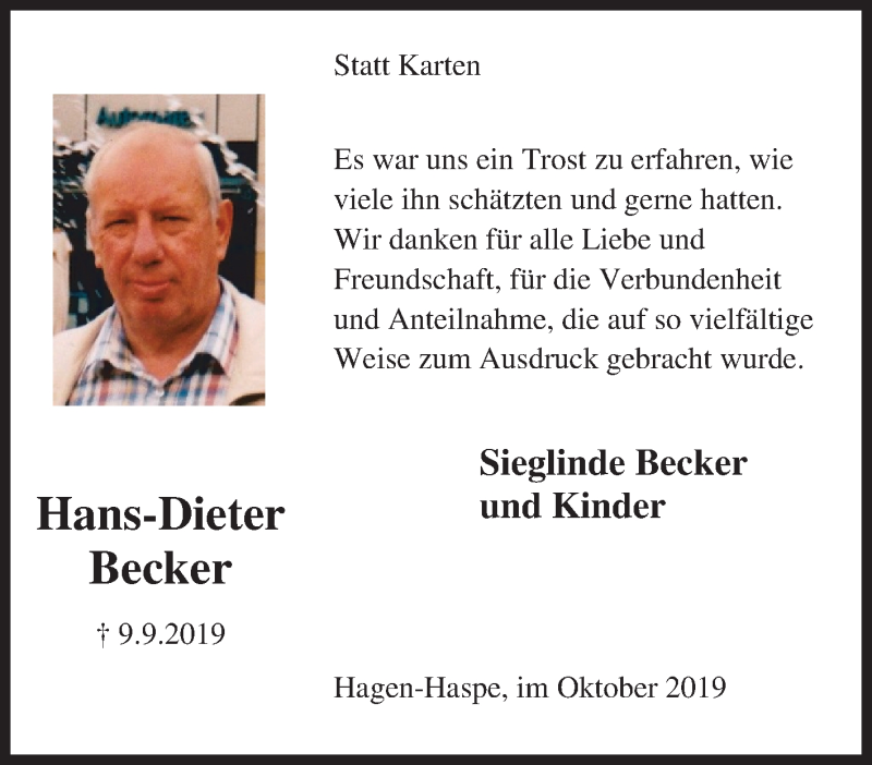  Traueranzeige für Hans-Dieter Becker vom 05.10.2019 aus Tageszeitung