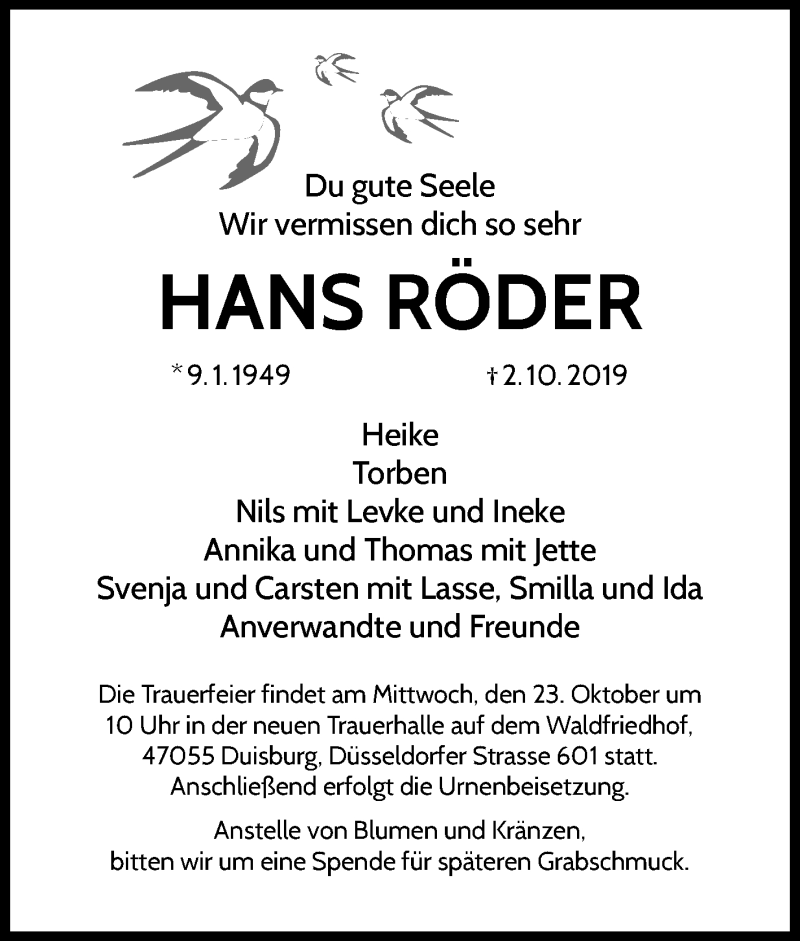  Traueranzeige für Hans Röder vom 08.10.2019 aus Tageszeitung