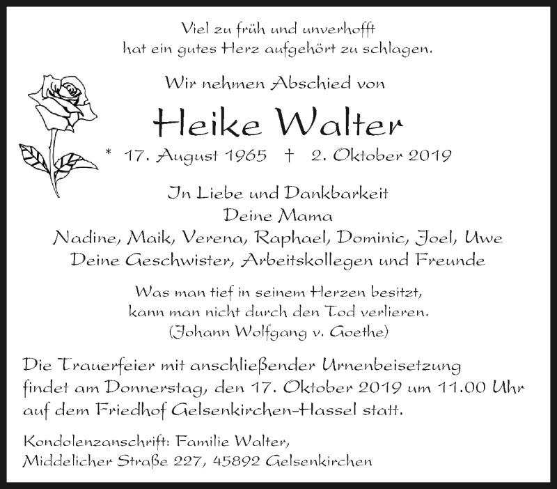 Traueranzeige für Heike Walter vom 16.10.2019 aus Tageszeitung
