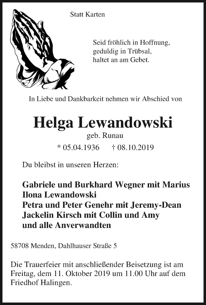  Traueranzeige für Helga Lewandowski vom 09.10.2019 aus Tageszeitung