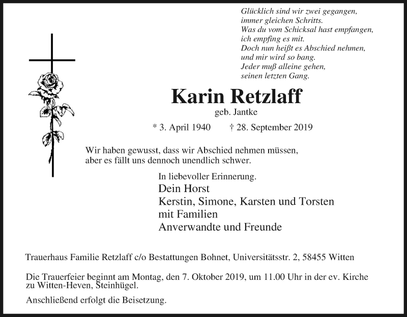  Traueranzeige für Karin Retzlaff vom 05.10.2019 aus Tageszeitung