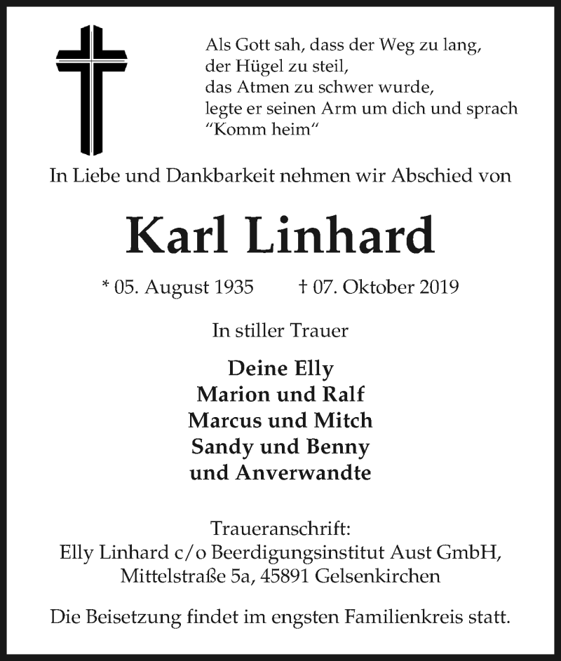  Traueranzeige für Karl Linhard vom 09.10.2019 aus Tageszeitung