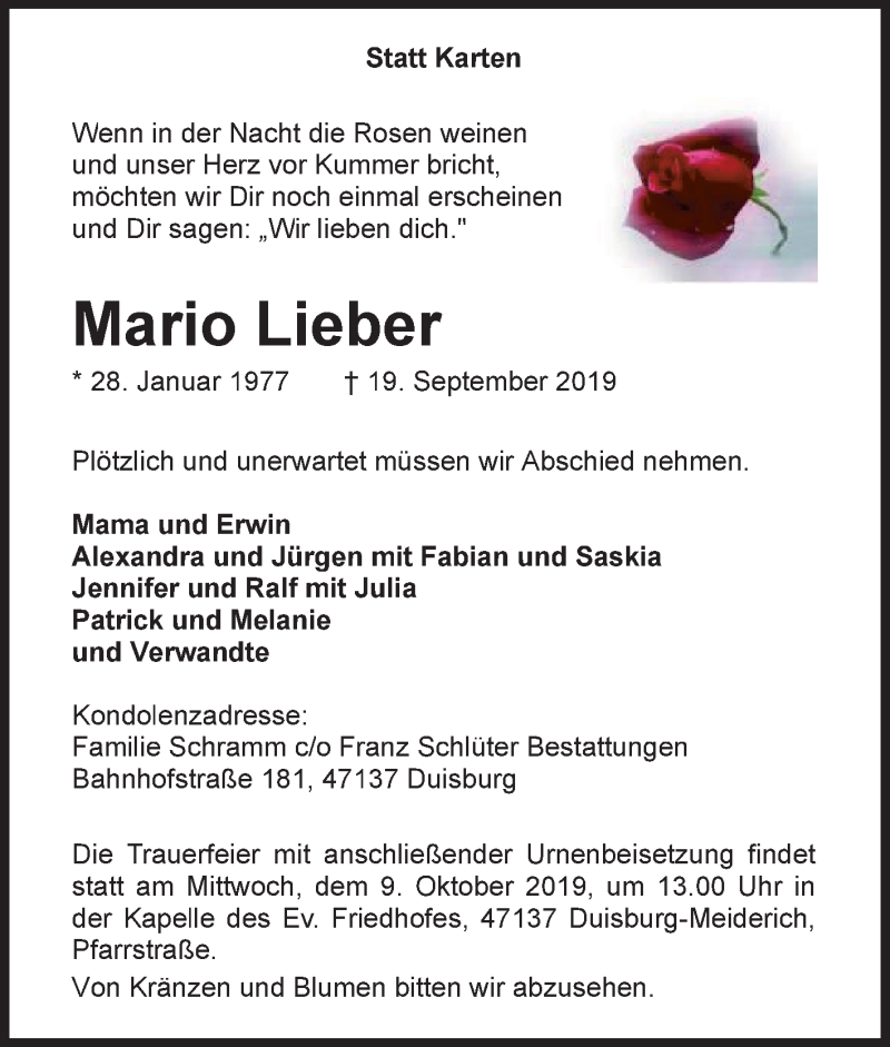  Traueranzeige für Mario Lieber vom 05.10.2019 aus Tageszeitung