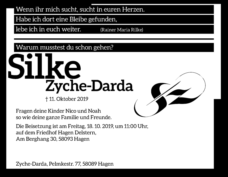  Traueranzeige für Silke Zyche-Darda vom 16.10.2019 aus Tageszeitung