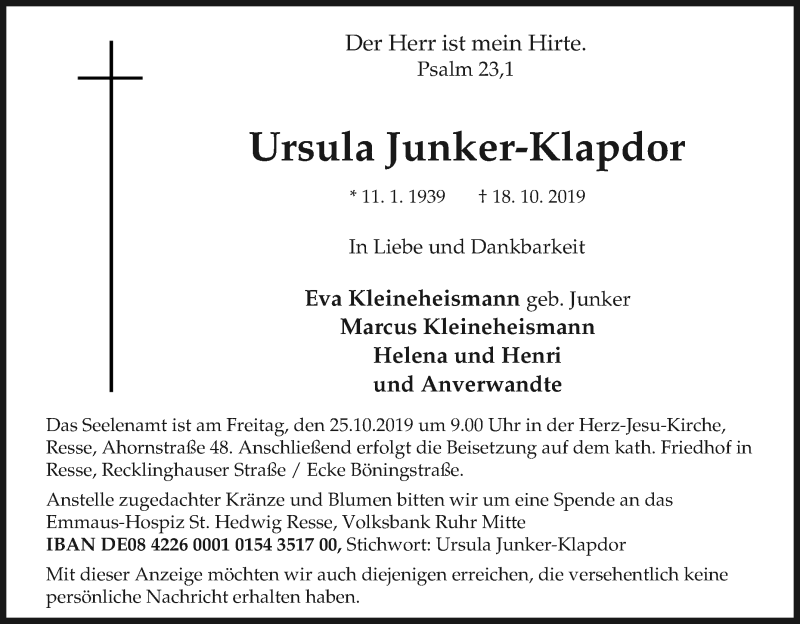  Traueranzeige für Ursula Junker-Klapdor vom 21.10.2019 aus Tageszeitung
