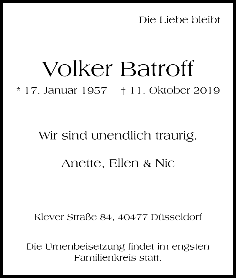  Traueranzeige für Volker Batroff vom 17.10.2019 aus Tageszeitung