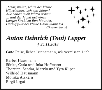 Traueranzeige von Anton Heinrich Toni Lepper von Tageszeitung
