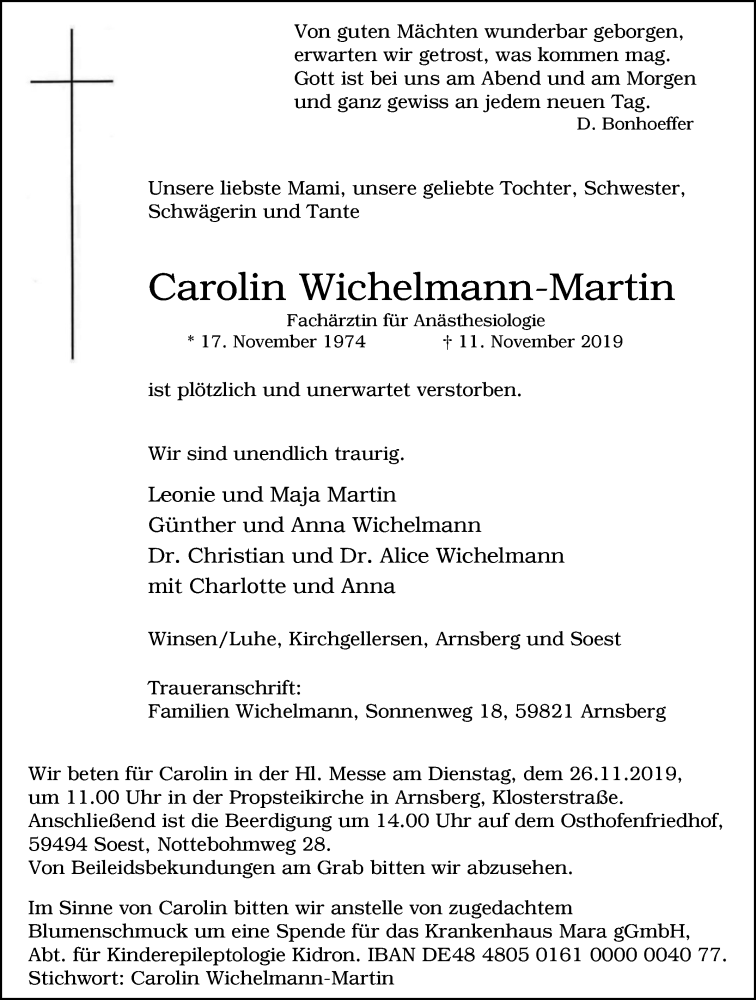  Traueranzeige für Carolin Wichelmann-Martin vom 20.11.2019 aus Tageszeitung