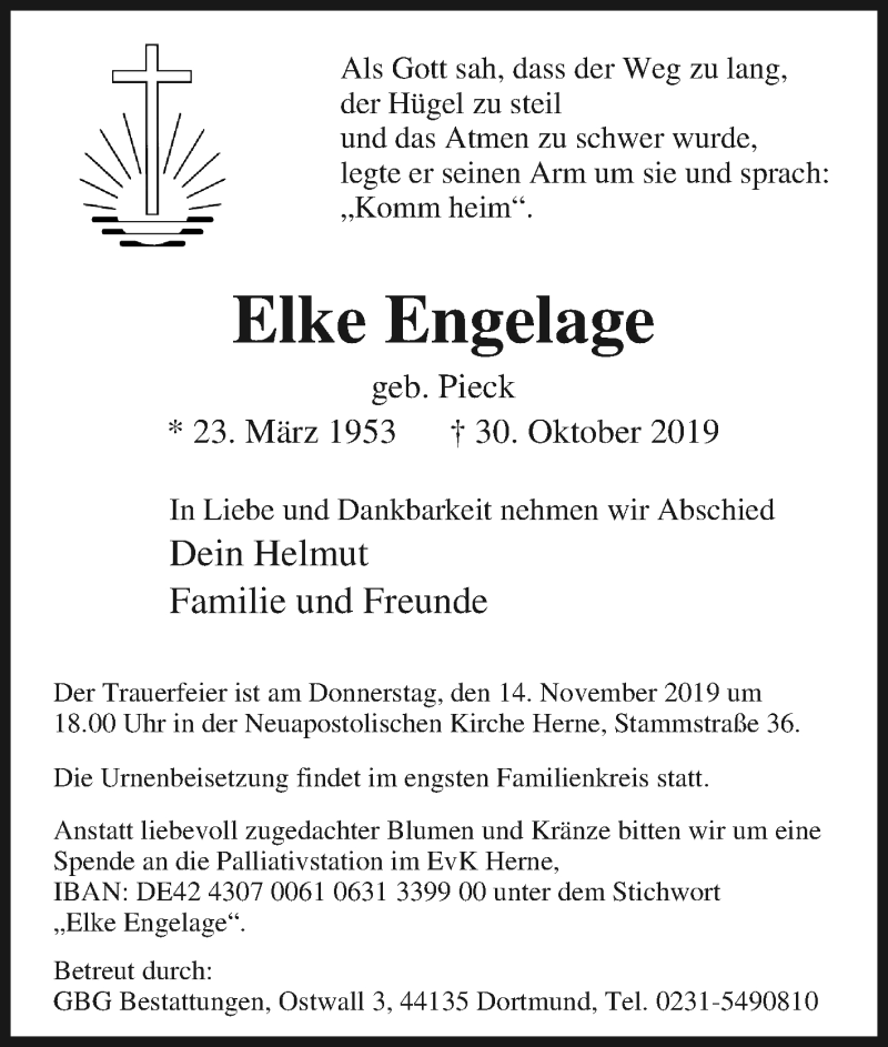  Traueranzeige für Elke Engelage vom 08.11.2019 aus Tageszeitung