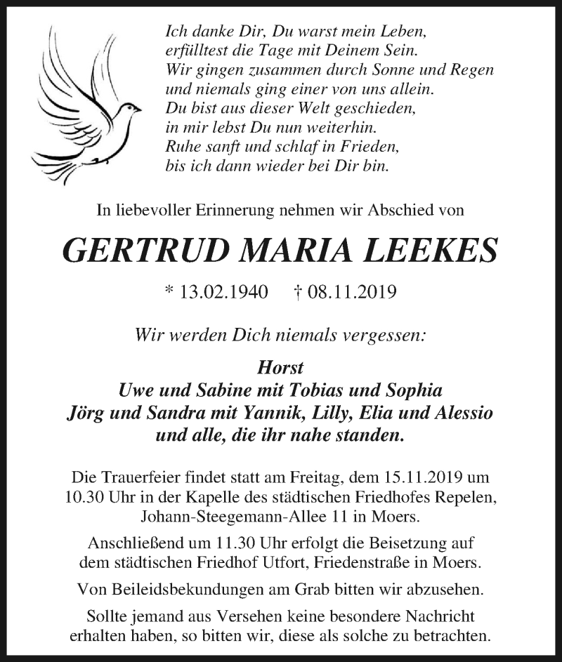  Traueranzeige für Gertrud Maria Leekes vom 12.11.2019 aus Tageszeitung