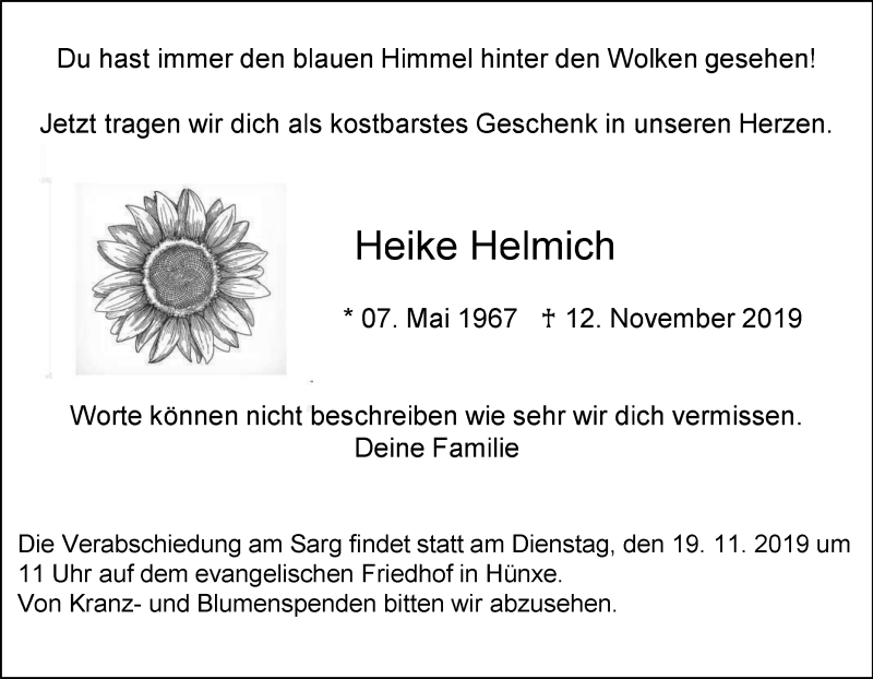  Traueranzeige für Heike Helmich vom 15.11.2019 aus Tageszeitung