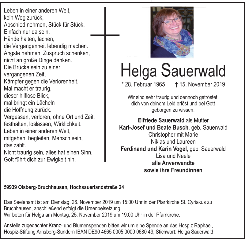  Traueranzeige für Helga Sauerwald vom 21.11.2019 aus Tageszeitung
