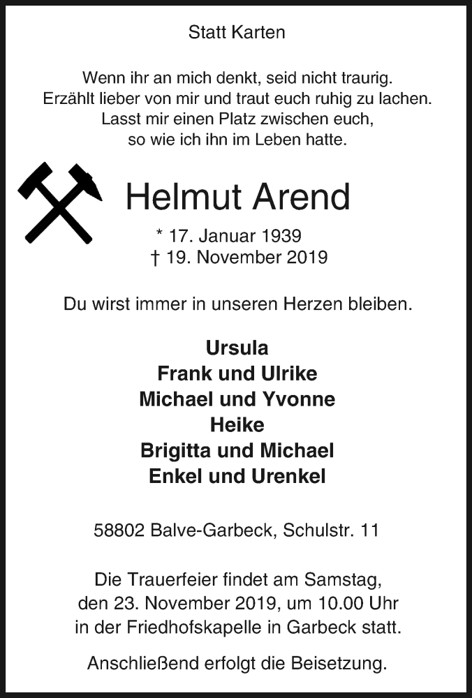  Traueranzeige für Helmut Arend vom 20.11.2019 aus Tageszeitung