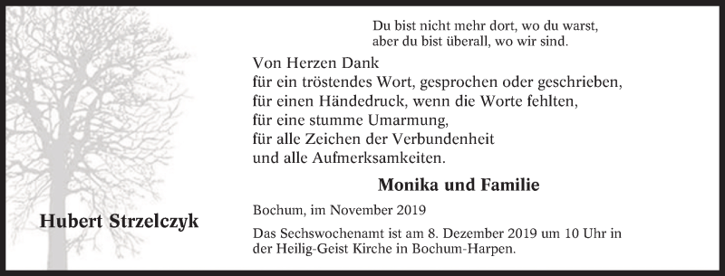  Traueranzeige für Hubert Strzelczyk vom 23.11.2019 aus Tageszeitung