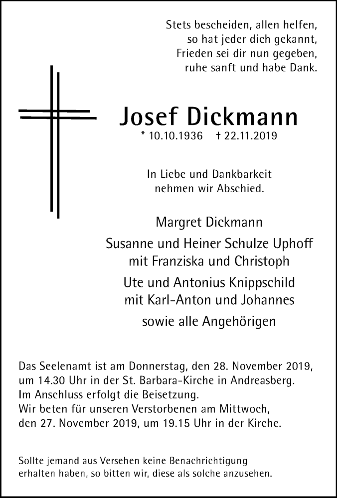  Traueranzeige für Josef Dickmann vom 26.11.2019 aus Tageszeitung
