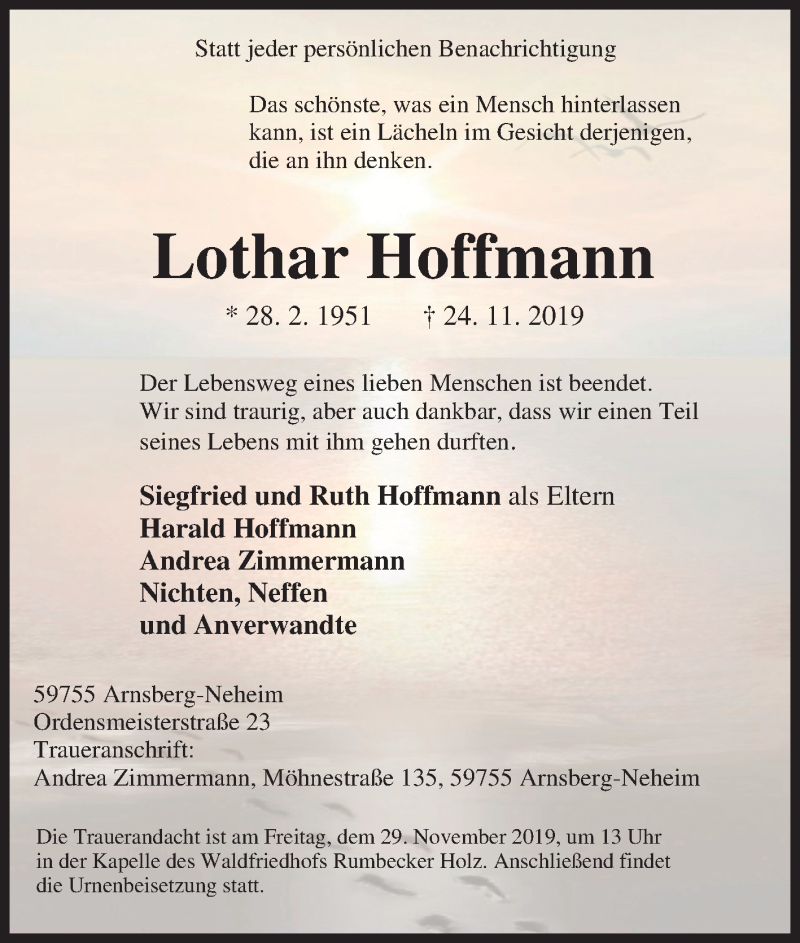  Traueranzeige für Lothar Hoffmann vom 27.11.2019 aus Tageszeitung