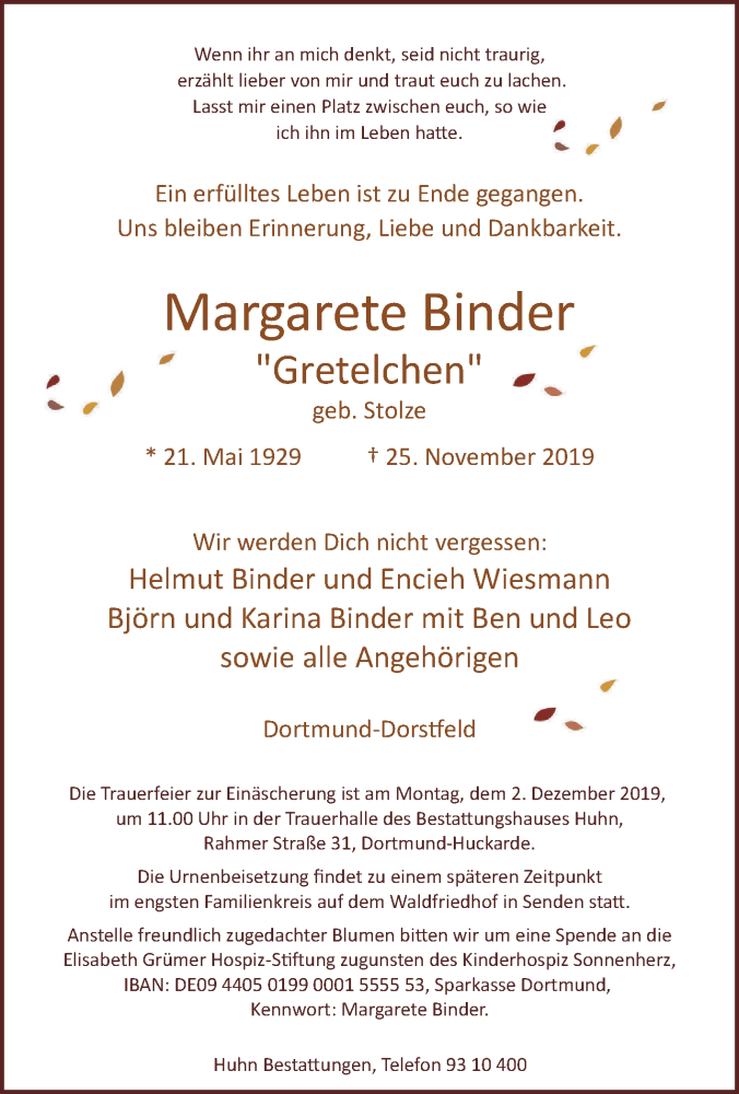  Traueranzeige für Margarete Binder vom 27.11.2019 aus waz