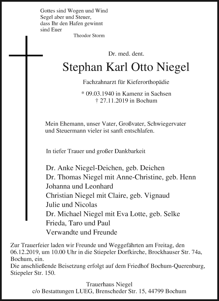  Traueranzeige für Stephan Karl Otto  Niegel vom 30.11.2019 aus Tageszeitung