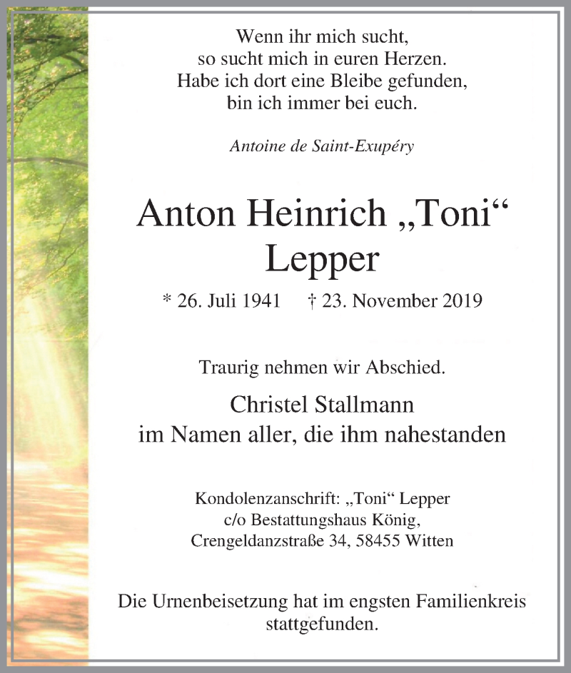  Traueranzeige für Anton Heinrich Lepper vom 07.12.2019 aus Tageszeitung