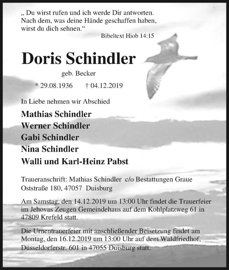  Traueranzeige für Doris Schindler vom 11.12.2019 aus Tageszeitung