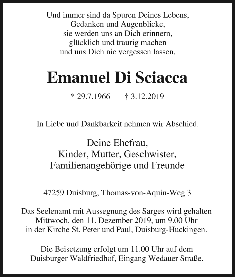  Traueranzeige für Emanuel Di Sciacca vom 07.12.2019 aus Tageszeitung