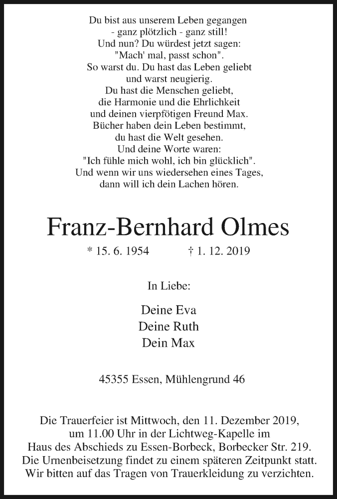  Traueranzeige für Franz-Bernhard Olmes vom 07.12.2019 aus Tageszeitung