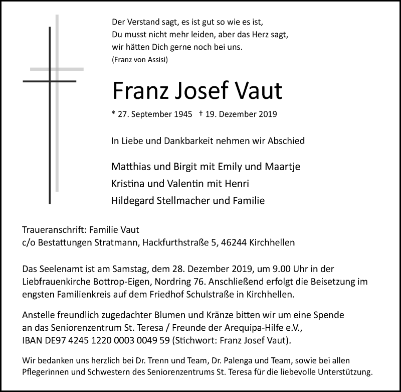  Traueranzeige für Franz Josef Vaut vom 24.12.2019 aus Tageszeitung