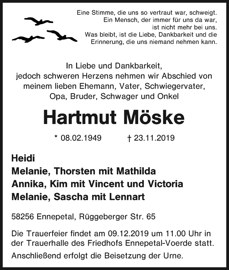  Traueranzeige für Hartmut Möske vom 02.12.2019 aus Tageszeitung