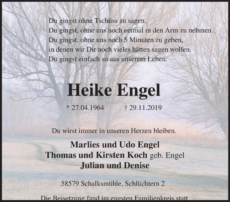  Traueranzeige für Heike Engel vom 21.12.2019 aus Tageszeitung