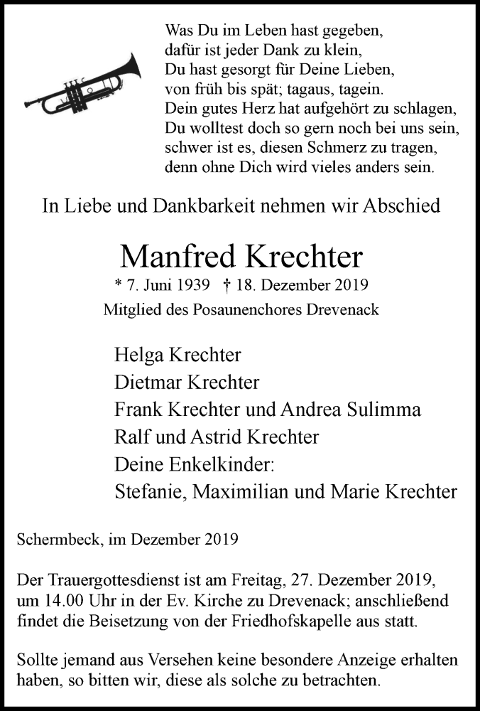  Traueranzeige für Manfred Krechter vom 21.12.2019 aus waz