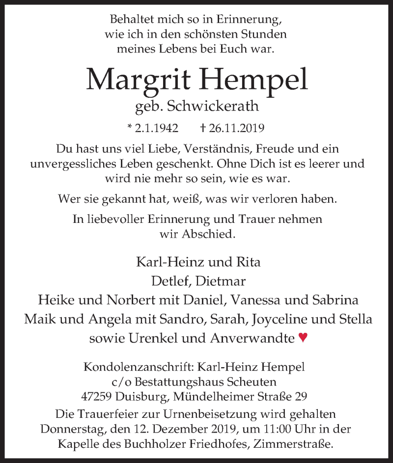  Traueranzeige für Margrit Hempel vom 07.12.2019 aus Tageszeitung